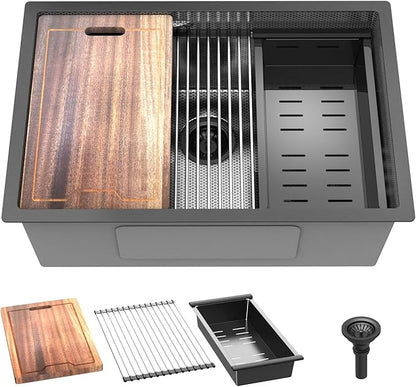 28inch Black Kitchen Sink Undermount - Feibus 28x19x10 with Double Step Workstation 16 Gauge Honeycomb Embossment Stainless Steel Single Bowl