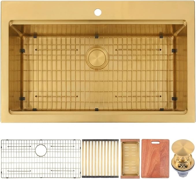 Gold Kitchen Sink 36" X 22",Drop In/Top Mount 16 Gauge Stainless Steel Workstation Sink,Deep & Large Single Bowl Kitchen Sinks (Gold, 36" X 22")