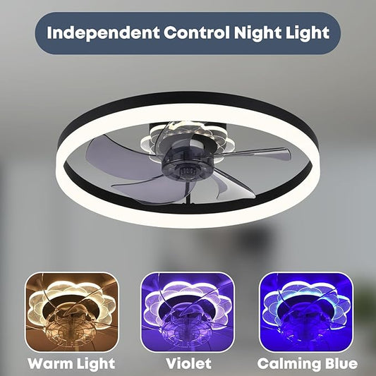 Fszdorj 20'' Ceiling Fan with Light, Upgraded Low Profile Fan, Flush Mount Ceiling Fan, 6 Speeds, Dimmable LED, App & Remote Control, Quiet DC Motor, for Bedroom, Living Room, F115 Black