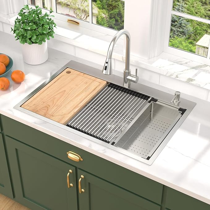 30" Drop In Kitchen Sink with Faucet Combo - 30x22 Inch Workstation All-In One 16 Gauge Stainless Steel Single Bowl Topmount Over Counter Sink For Kitchen with Accessories #TLT-0019