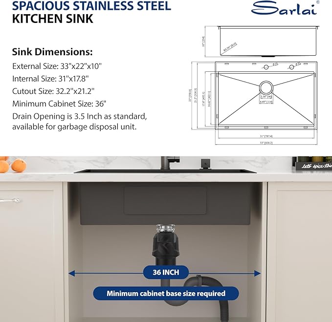 Sarlai 33 Matte Black Drop-In Kitchen Sink Workstation - 33x22 Inch Drop Kitchen Sink with Ledge NANO-Tech Black Topmount Round Corner 16 Gauge Stainless Steel Single Bowl Sinks Basin