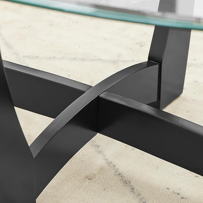 48" Oval Coffee Tables, Modern Center Table with Tempered Glass Tabletop Cross and Solid Wood Base, Small Space Coffee Table for Living Room Black