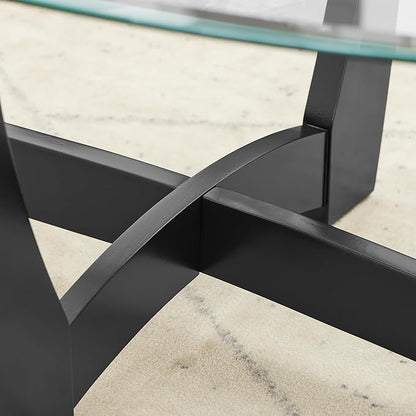 48" Oval Coffee Tables, Modern Center Table with Tempered Glass Tabletop Cross and Solid Wood Base, Small Space Coffee Table for Living Room Black