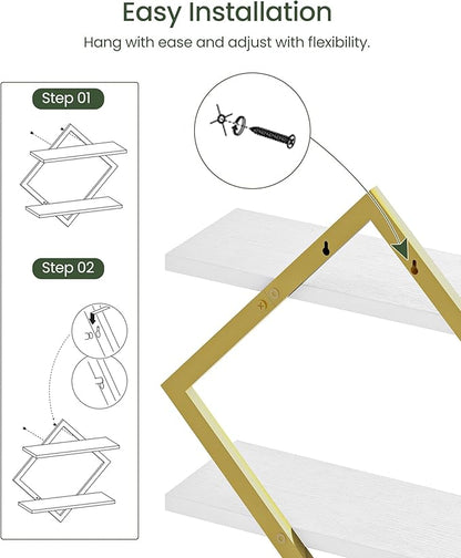 CHOEZON Floating Shelves for Wall, Set of 2 Wall Mounted Shelves, 2-Tier Hanging Shelves, for Living Room, Bedroom, Kitchen, Office, Study, Gold and White TBJ01P2JW