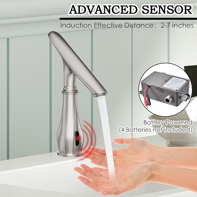 Touchless Bathroom Sink Faucets, Brushed Nickel Bathroom Faucet Single Hole, Automatic Motion Sensor Battery Operated with Cover Plate and Mixing Valve for Commercial and Home