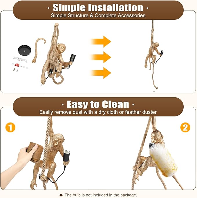 Creative Monkey Hanging Lamp, Monkey Shape Decoration Chandelier, Industrial Retro Edison Ceiling Pendant Light Fixture E26 for Dining Living Room Bedroom Bar Cafe-Gold