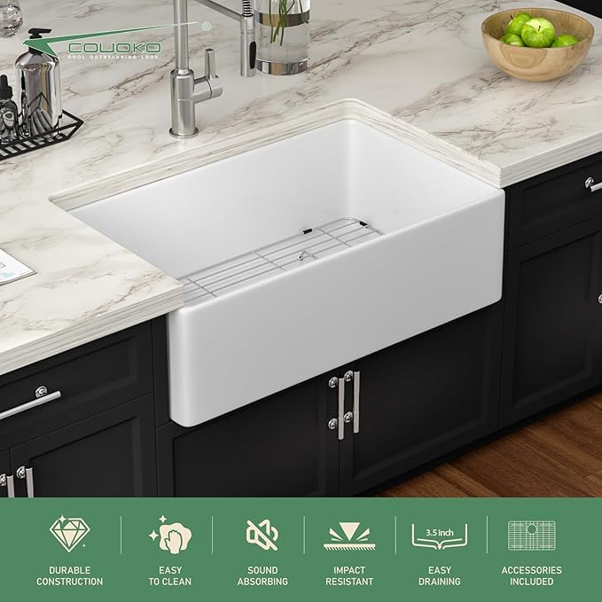 White Farmhouse Sink 33 Inch Fireclay Apron Front Farm Sinks Drop In Undermount Large Deep Farm Country Style Single Bowl Farm Sinks with Luxury Accessory, 33"x20"x10"