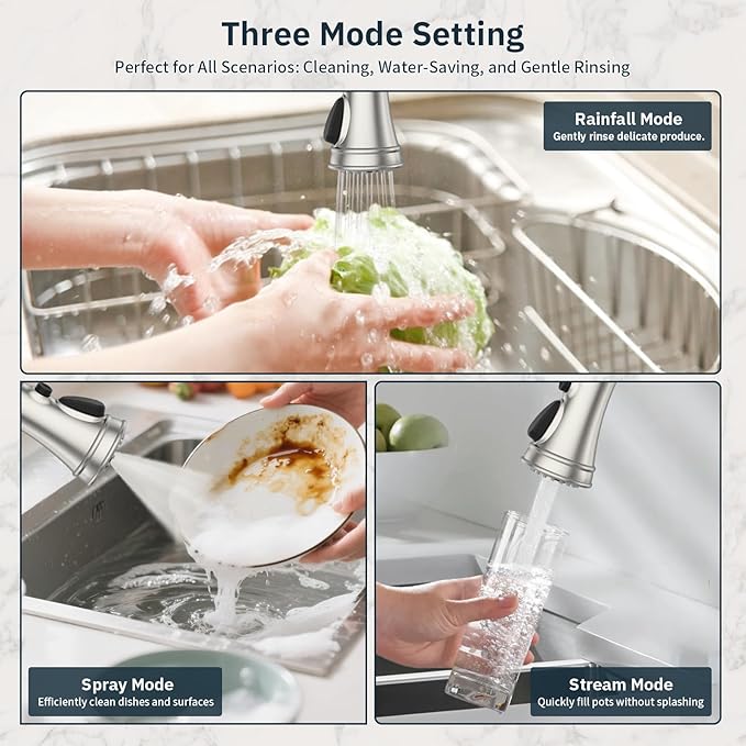 BWE Brushed Nickel Kitchen Faucet with Pull Down Sprayer, Single Handle High Arc Kitchen Sink Faucet 1 Hole or 3 Hole, Solid Brass Spring Kitchen Faucet with 3-Mode Sprayer for Farmhouse RV