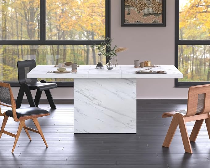 HSH 55 inch Dining Table for 4, Modern White Faux Marble Dining Room Table, Rectanglur Kitchen Table with Heavy Duty Pedestal, Wooden Eating Dinner Desk for Home,Living Room, White Marble, 55 Inch