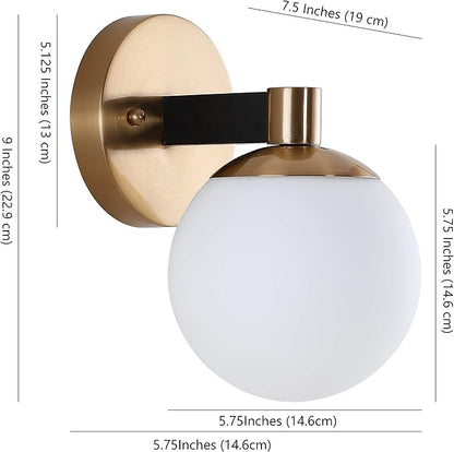 JONATHAN Y 5.75" Brass Gold/Black 1-Light Modern Globe LED Vanity Wall Sconce Light, White Frosted Glass Shade, Mid-Century Art Deco Wall Lamp for Bathroom, Kitchen, Hallway JYL3540A