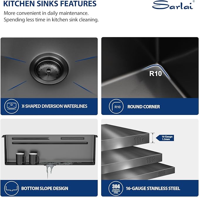 Sarlai 33 Inch Waterfall Kitchen Sink - Black Undermount Kitchen Sink With Waterfall Ledge Workstation Stainless Steel 16 Gauge Multifunction Single Bowl Under Mount Basin with Faucet