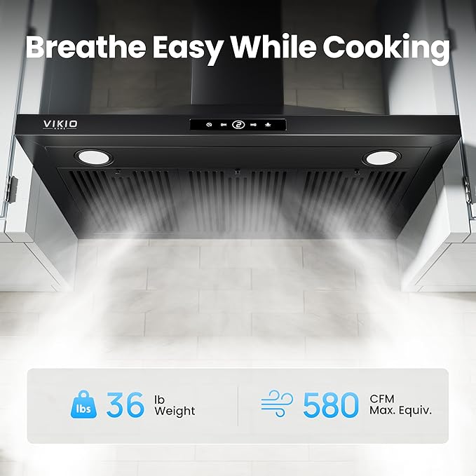 VIKIO HOME Wall Mount Range Hood 36 inch, 580 CFM Kitchen Vent Hood, Ducted/Ductless Convertible with Touch Control, Stainless Steel Stove Vent Hood, Easy Clean Filter, Black