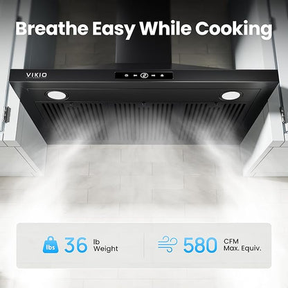 VIKIO HOME Wall Mount Range Hood 36 inch, 580 CFM Kitchen Vent Hood, Ducted/Ductless Convertible with Touch Control, Stainless Steel Stove Vent Hood, Easy Clean Filter, Black