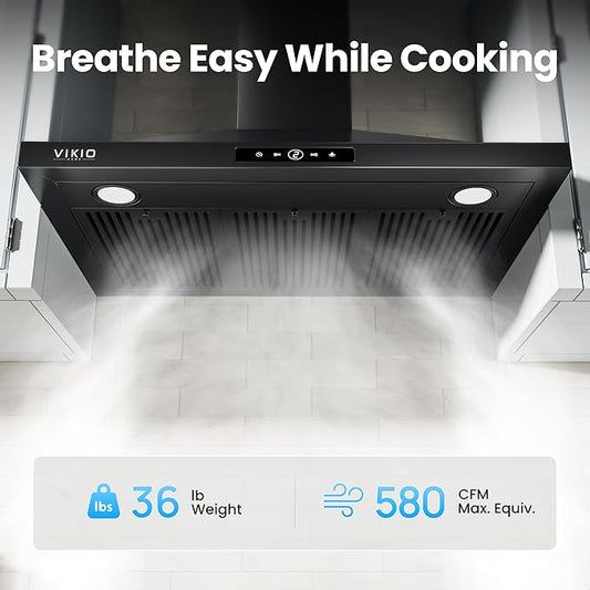 VIKIO HOME Wall Mount Range Hood 36 inch, 580 CFM Kitchen Vent Hood, Ducted/Ductless Convertible with Touch Control, Stainless Steel Stove Vent Hood, Easy Clean Filter, Black