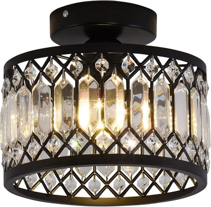 GreeLustr Crystal Black Ceiling Light Fixture, Modern Semi Flush Mount Ceiling Light, Round Hallway Chandelier Lighting for Foyer Bedroom Entryway Laundry Room, 1-Light, E26 (Bulb not Included)