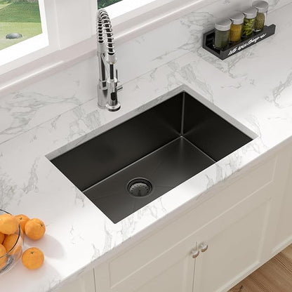 Sarlai 28 Black Kitchen Sink Undermount - 28 x 18 Inch Kitchen Sink Gunmetal Black 16 Gauge Stainless Steel Single Bowl Undermount Kitchen Sinks Basin