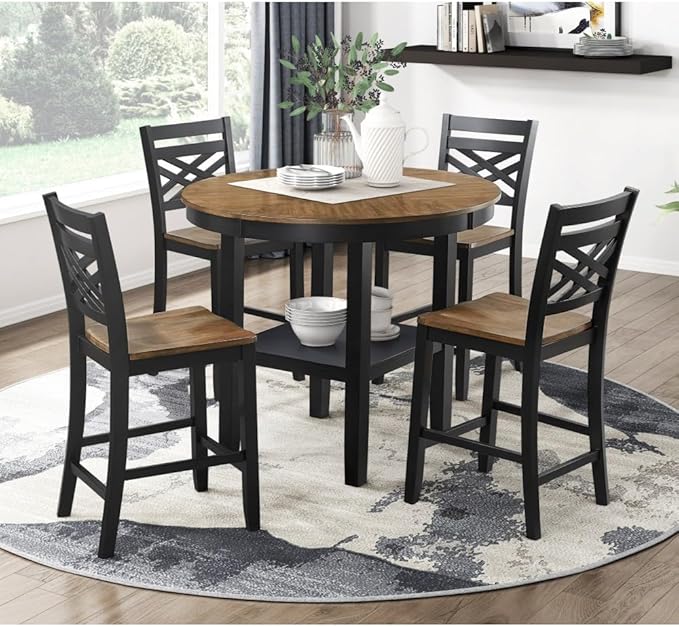 Counter Height Dining Set with Round Table and Storage for Kitchen Island Use