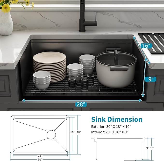 Kitsitchen Black Undermount Kitchen Sink, 16 Gauge T-304SS Stainless Steel Workstation Sinks with Accessories,30" X 18"X 10" Large and Deep Single Bowl Kitchen Sinks with Offset Drain Design