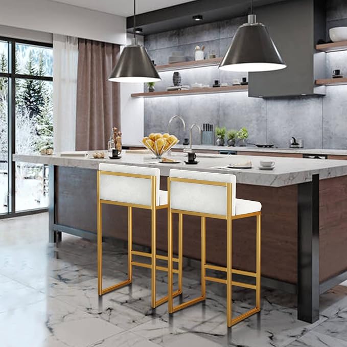 Velvet Stools with Low Back Mid-Century Upholstered Armless Chairs for Kitchen Island Home Pub Grey + Gold Sitting Height 65cm (White + Gold 25.6in)