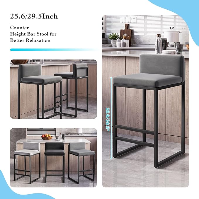 Velvet Stools with Low Back Mid-Century Upholstered Armless Chairs for Kitchen Island Home Pub Grey + Gold Sitting Height 65cm (Grey + Black 29.5in)