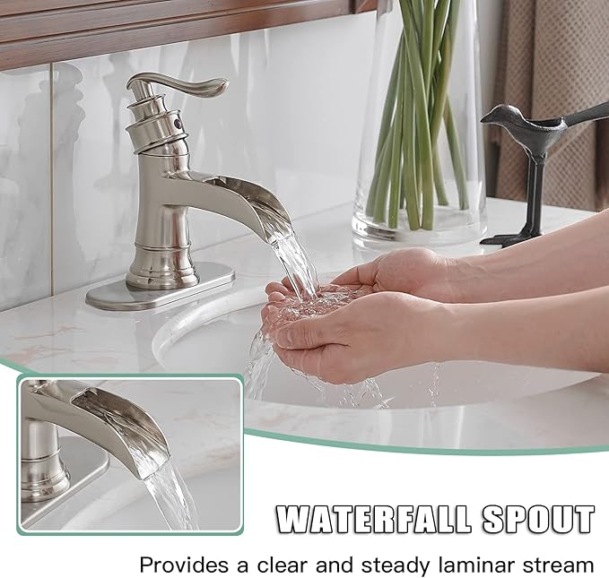 BWE Bathroom Faucet Brushed Nickel Waterfall Single Handle Hole Sink Faucets Bath Vanity Lavatory Vessel Commercial Satin with Water Supply Hose