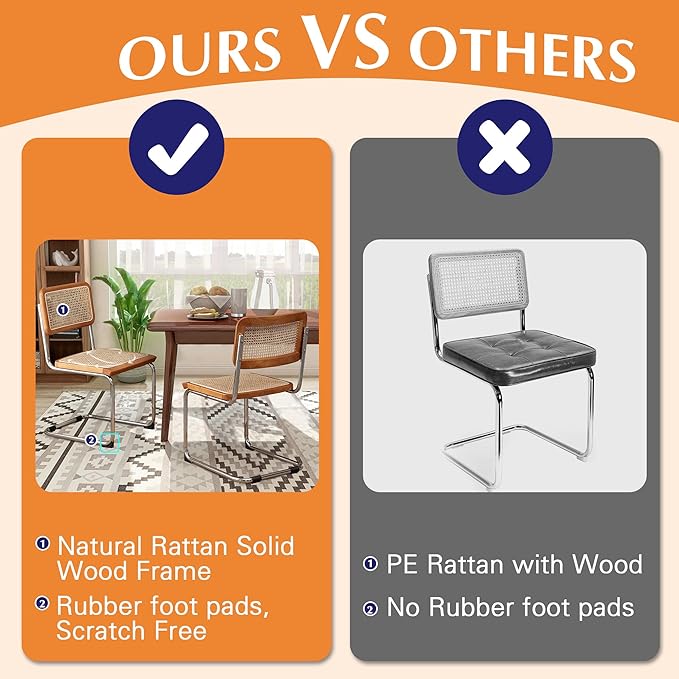 Alunaune Mid Century Modern Dining Chairs Set of 4, Upholstered Natural Rattan Kitchen Chairs Accent Chair, Armless Side Chairs with Metal Chrome Legs for Bedroom Living Room-Rattan Seat
