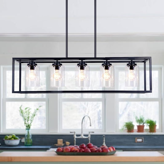 Black Rectangle Kitchen Island Lights Rectangular Modern Industrial Chandelier for Dining Room 5 Lights Linear Vintage Cage Light Fixtures