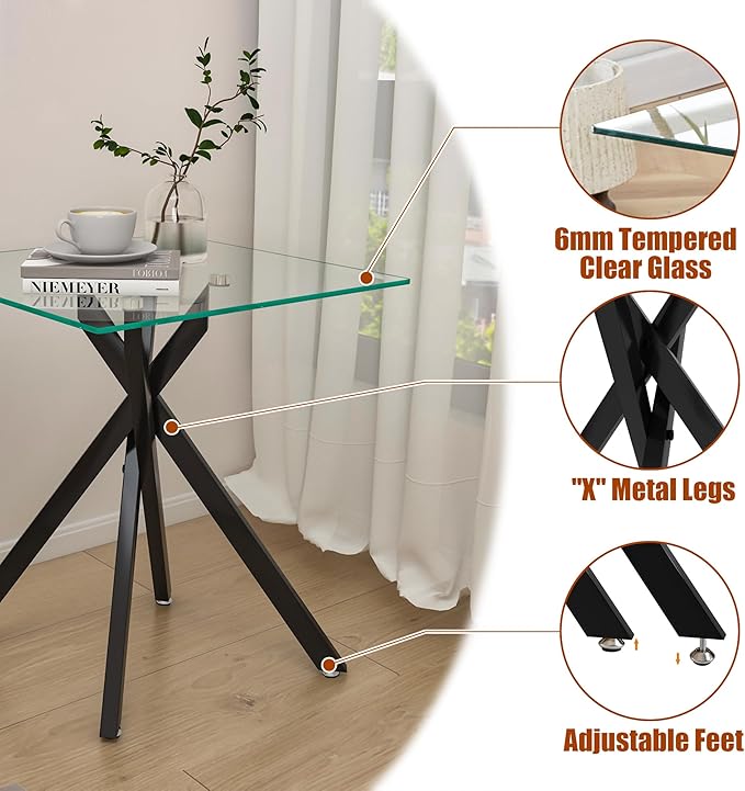 Square Side Table with X-Shaped Chrome Metal Base, Tempered Glass End Tables Small End Table, Living Room Sofa Couch Side Table, Modern Bedsde Tables Bedroom Night Stand, Black Nightstand