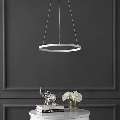 JONATHAN Y 15.75" Matte White Modern Integrated LED Pendant Light, Dimmable Round Hoop Chandelier for Kitchen Island, Dining Room, Adjustable Height Metal Hanging Light (JYL7202I)