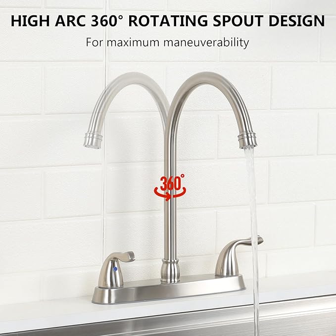 SHACO 2 Handle Kitchen Faucet, 3 Hole Kitchen Sink Faucet with Water Supply Line, Stainless Steel Brushed Nickel High Arc 360 Degree Rotating Taps for Kitchen Bar RV Camper, SC-YZLT001
