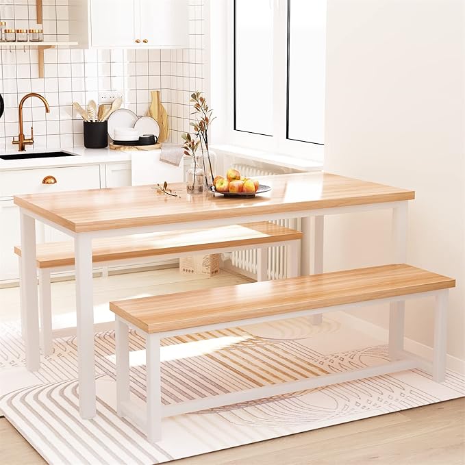 Recaceik 47" Dining Room Table Set with 2 Benches, Kitchen Dining Table Set for 4-6, Space Saving Kitchen Table and Chair Set for Dining Room, Small Space, Breakfast Nook(Walnut)