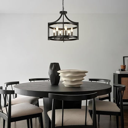 LynPon 6 Lights Large Modern Farmhouse Chandelier, 19" Convertible Semi Flush Mount Ceiling Light Fixture Hanging Light Rustic Round Cage Black Chandelier for Foyer Dining Room Kitchen Entryway