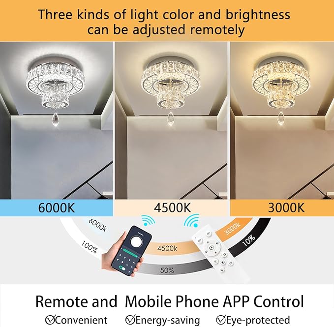HAIXIANG Modern Glam Ceiling Chandelier Bedroom Light Fixtures Crystal Flat Sloping Ceiling Lights for Hallway Kitchen Dining Room Dimmable Light with Remote Silver