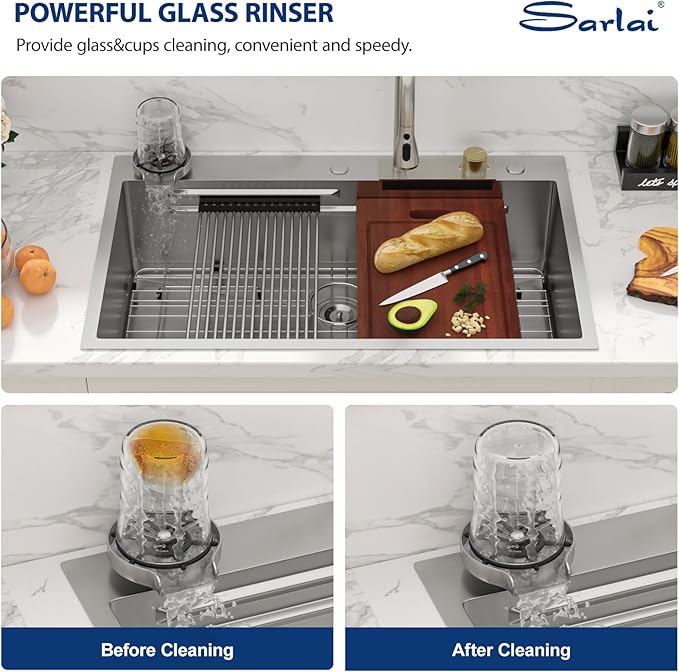 Sarlai 36 Inch Waterfall Kitchen Sink Workstation - 36x22 Waterfall Drop In Sink Stainless Steel 16 Gauge Sink Multifunction Single Bowl Smart Top Mount Kitchen Sinks with Faucet Combo