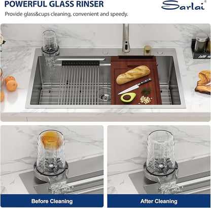 Sarlai 36 Inch Waterfall Kitchen Sink Workstation - 36x22 Waterfall Drop In Sink Stainless Steel 16 Gauge Sink Multifunction Single Bowl Smart Top Mount Kitchen Sinks with Faucet Combo