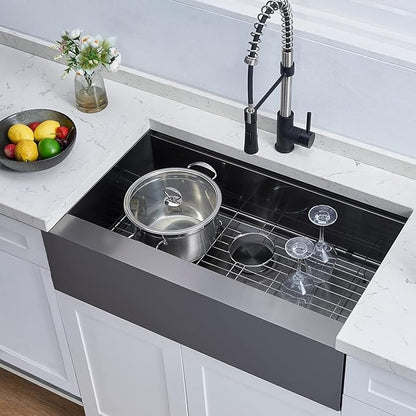SHACO 33 Inch Black Farmhouse Sink, 33x20 Gunmetal Black 16 Gauge Stainless Steel Single Bowl Workstation Flat Apron Front Farm Kitchen Sink with Cutting Board