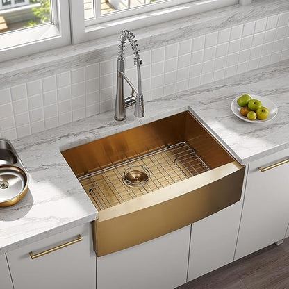 SHACO Gold Farmhouse Sink, 33 Inch Gold Stainless Steel Single Bowl Apron Front Undermount Farm Kitchen Sink with Accessories