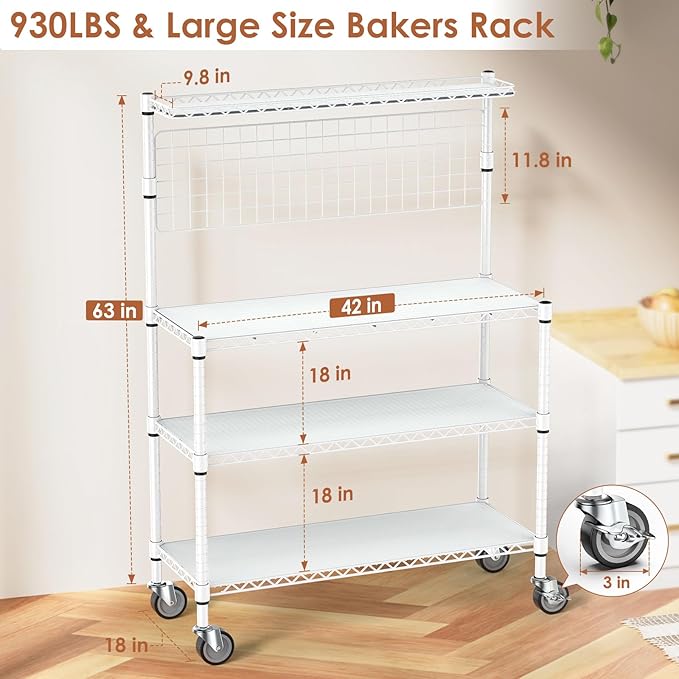 Leteuke 42 Inch Bakers Rack with Wheels, 4-Tier Microwave Stand Kitchen Shelves, NSF Certified Kitchen Storage Cart, Heavy Duty Utility Cart with 20 Hooks & Shelf Liners, 42× 18× 63 Inch, White