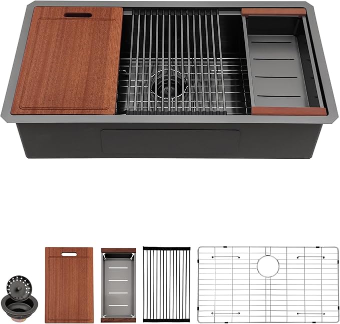 Sarlai 36 Black Undermount Kitchen Sink Workstation - 36x19 Inch Kitchen Sinks with Ledge NANO-Tech Gumental Black Sink Round Corner 16 Gauge Stainless Steel Single Bowl Sink Basin