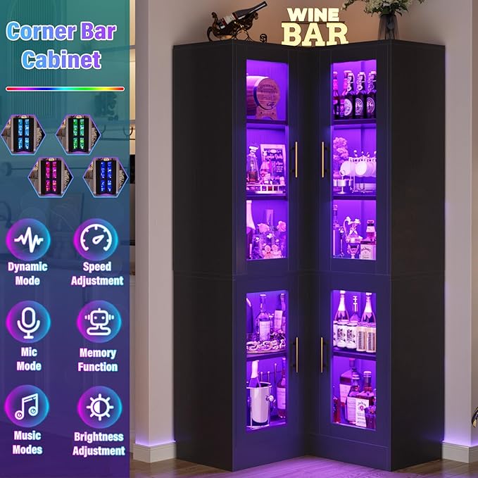 Armocity Corner Bookcase with Doors, 70" Tall Corner Bookshelf Cabinet with LED Lights, 6-Tier Corner Book Shelf for Home Office, Living Room, Black