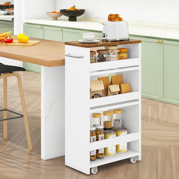 IBUYKE Slim Storage Cart, 4-Tier Skinny Rolling Cart, 7.9" Narrow Utility Trolley with Handle & Lockable Wheels,Thin Shelf for Kitchen, Laundry Room, Bathroom, Small Spaces,Space-Saving White WST005W
