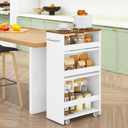 IBUYKE Slim Storage Cart, 4-Tier Skinny Rolling Cart, 7.9" Narrow Utility Trolley with Handle & Lockable Wheels,Thin Shelf for Kitchen, Laundry Room, Bathroom, Small Spaces,Space-Saving White WST005W