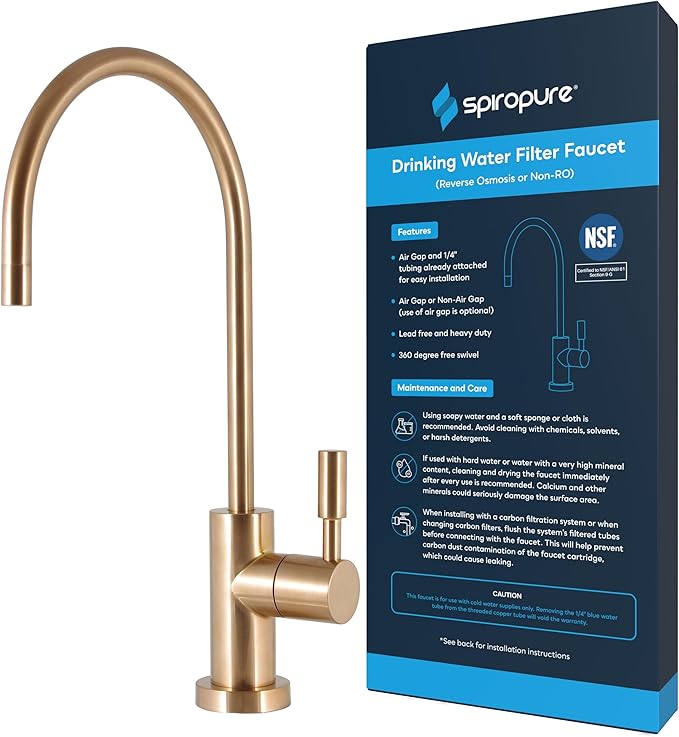 SpiroPure NSF-Certified Lead-Free Air Gap RO Faucet, Brushed Gold/Bronze/Brass, Reverse Osmosis Replacement Water Filter Faucet, 3 Line Filtered Faucet, SP-FC100-GD