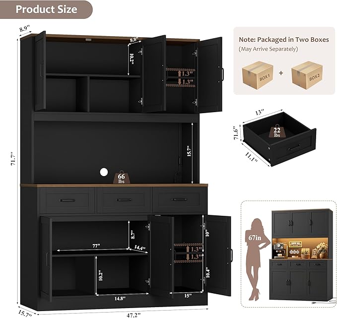 HOSTACK 72" Tall Kitchen Pantry Cabinet with Charing Station | LED Lights, 47"W Kitchen Pantry Storage Cabinet with Countertop, Kitchens Hutch Cabinets with Storage for Dining Room, Black/Rustic Brown