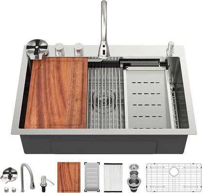 30 inch Drop In Kitchen Sink - Beslend 30x22x10 Waterfall Sink with Pull-Down Faucet 16 Gauge Stainless Steel, Double Track Workstation Kitchen Sinks with Faucet Combo, Handmade Dish Basin