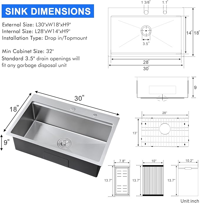 MENATT 30 inch Kitchen Sink Drop In, 18 Gauge Stainless Steel Handmade Drop in Workstation Kitchen Sink, 2 Hole Single Bowl Topmount Kitchen Sinks with Cutting Board, D30"xW18"xH9"
