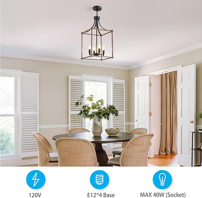 XINGQI Modern Farmhouse Chandeliers for Dining Room,4 Light Geometric Lantern Black Wood Grain Finish Cage Pendant Lighting Fixture 11.8" for Staircase Foyer Kitchen Entryway