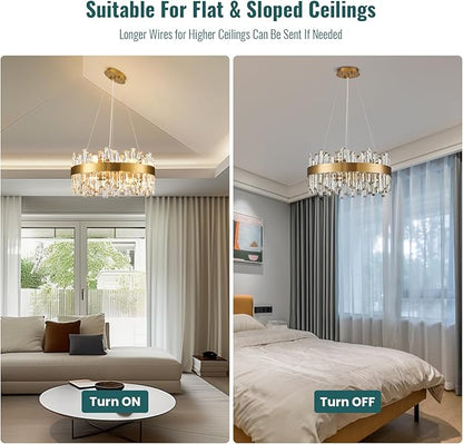 Siljoy Modern Crystal Chandelier, 12-Light Dimmable Brass Gold K9 Crystal Raindrop Chandelier, Luxury Adjustable Crystal Pendant Ceiling Light for Living Dining Room Kitchen Island Entry Foyer D19.7''