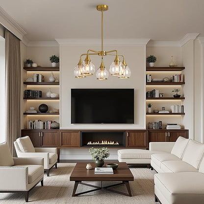 Island Light for Kitchen, 5-Light Gold Kitchen Island Linear Hanging Light Chandeliers Dining Room Light Fixture Over Table with Clear Round Glass Shades