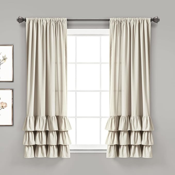 Lush Decor Allison Ruffle Light Filtering Window Curtain Panels Pair 40" W x 63" L Neutral - Coquette Curtains for Bedroom - Drapes - Ruffle Curtains Kids
